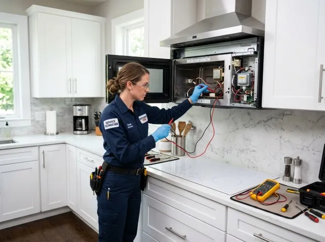 Appliance Repair Hero technician testing an over-the-range microwave in a Bardstown, KY kitchen
